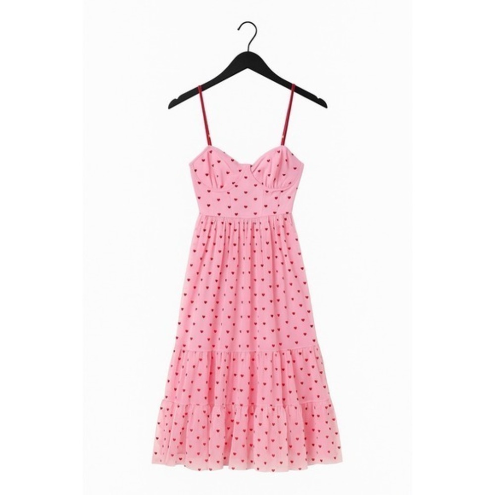 Betsey Johnson Dress Pink Velvet Hearts‎ 4 Tulle Midi Dress Retro Pinup Romantic